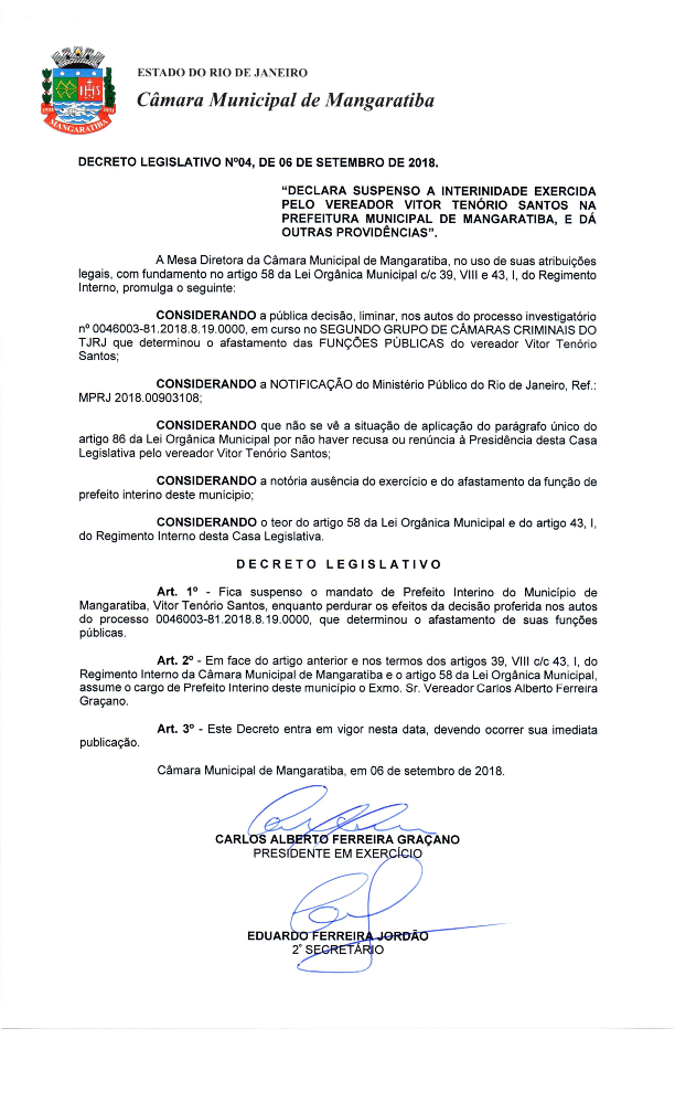 Decreto Legislativo afasta Prefeito Interino Vitor Tenório Santos